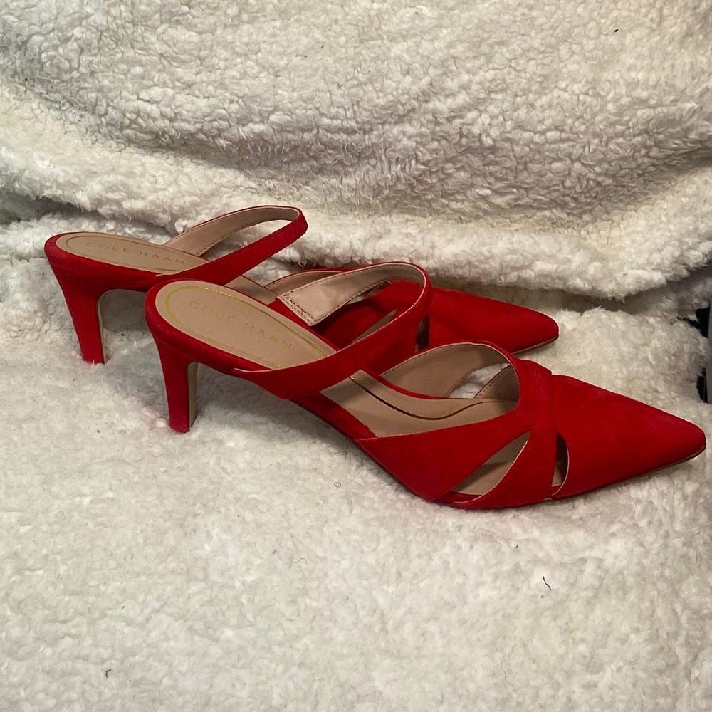 Cole Haan Red Vandam Dress‎ Mules Pointed Toe Pumps Sz 8B Heeled Sandals - Picture 7 of 9